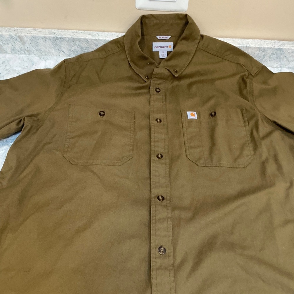 Carhartt Shirt Rugged Flex Relaxed Fit XL Military Olive Short Sleeve Button Dwn
